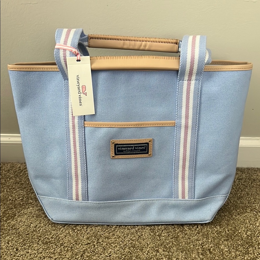 Vineyard Vines Blue Tote with Stripes and Bamboo Handles